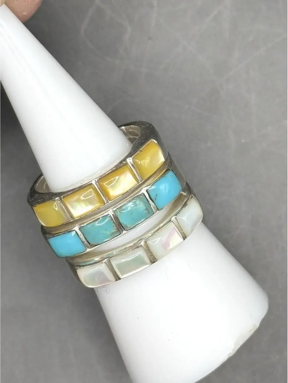 Signed 925 Sterling Silver Inlay Stacking Ring Set – Turquoise, Moonstone & Opal